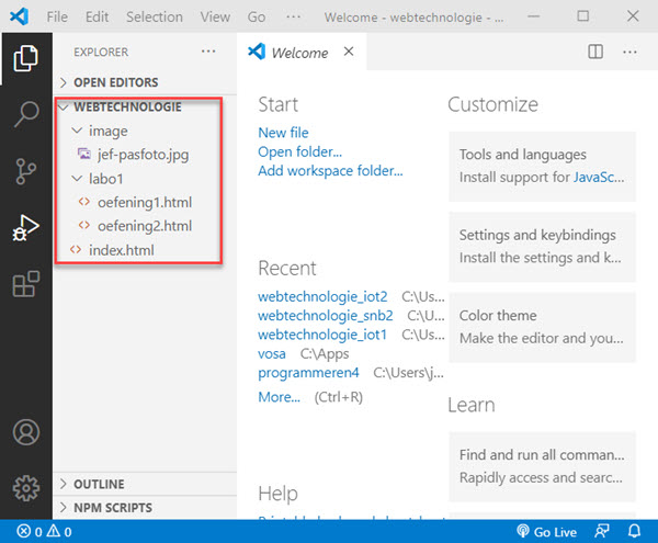 Visual Studio Code Verkenner na eerste laboles